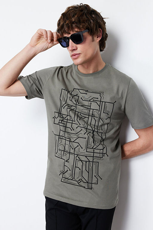 Haki Slim/Dar Kesim Bask_l_ %100 Pamuklu Bask_l_ T-Shirt TMNSS20TS0088 - Trendyolmilla фото 2