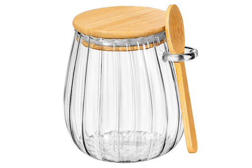 Банка д/хранения 680 мл 11*11*11,5 см с бамбуковой крышкой и ложкой, стекло