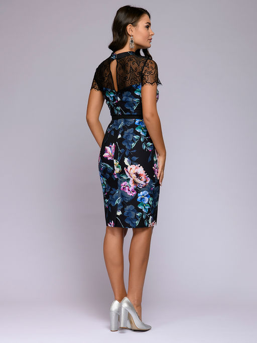 Платье черное длины мини с кружевной отделкой и цветочным принтом - 1001dress фото 5
