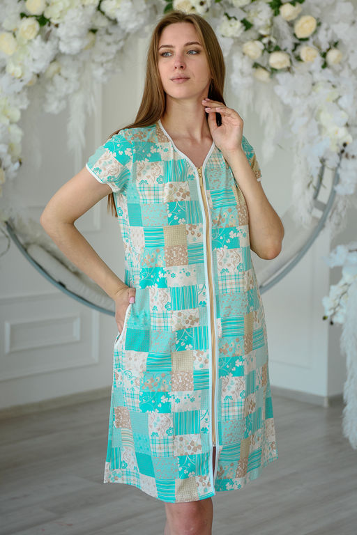 Халат женский с рукавами из кулирки Пэчворк ментоловый