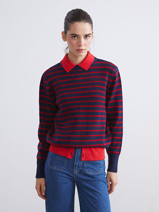 Bisiklet Yaka ?izgili Kad?n Triko Kazak