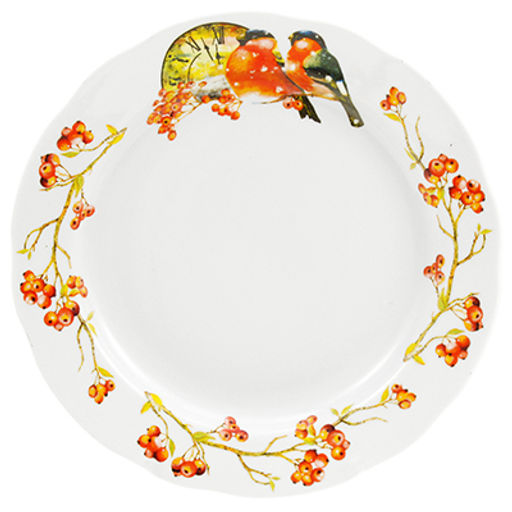 Тарелка мелкая фарфоровая Снегири д240мм, h35мм, вырезной край (Россия)