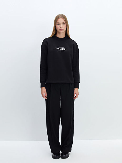 Bisiklet Yaka Bask?l? Oversize Kad?n Kal?n Sweatshirt