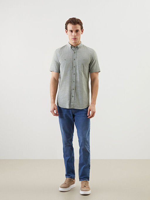 Regular Fit K?sa Kollu Keten G?r?n?ml? Erkek G?mlek