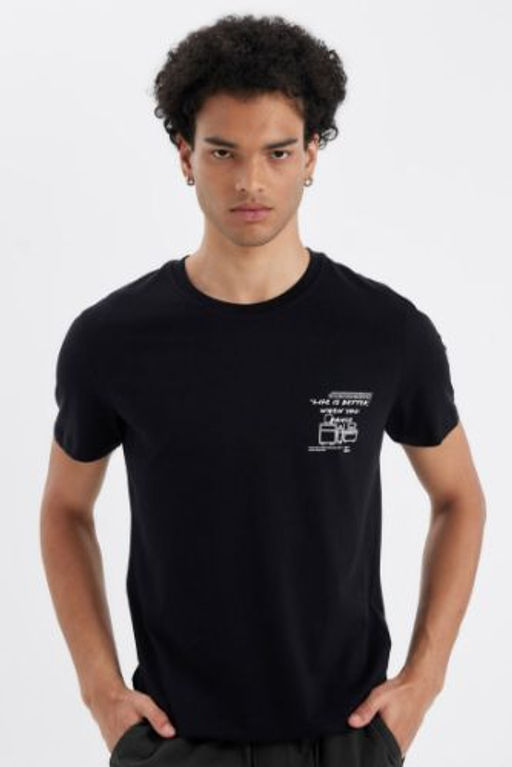 Siyah Slim Fit Dar Kesim Bisiklet Yaka Bask?l? Pamuklu K?sa Kollu Tisort