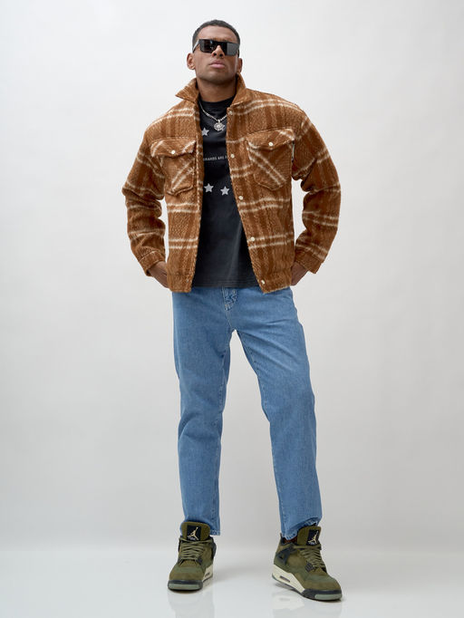 Куртка рубашка шерстяная в клетку мужская демисезонная горчичного цвета 58596G