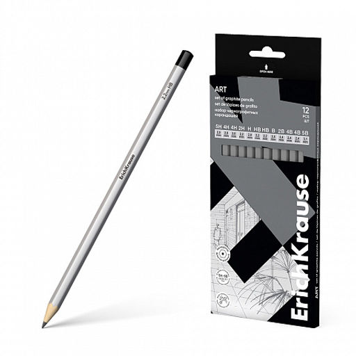 Цена за 12 шт. Набор из 12 чернографитных карандашей ErichKrause Art, шестигранных, 5H, 4H, 4H, 2H, H, HB, HB, B, 2B, 4B, 4B, 5B (в коробке)