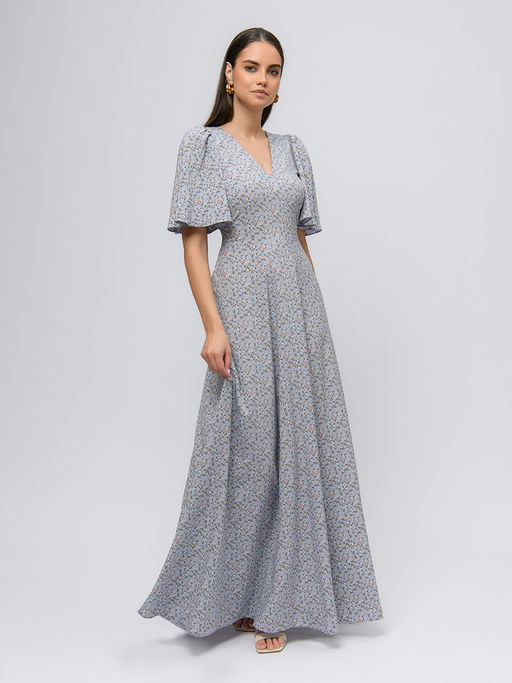 Платье голубого цвета с принтом длины макси с глубоким вырезом - 1001dress фото 2