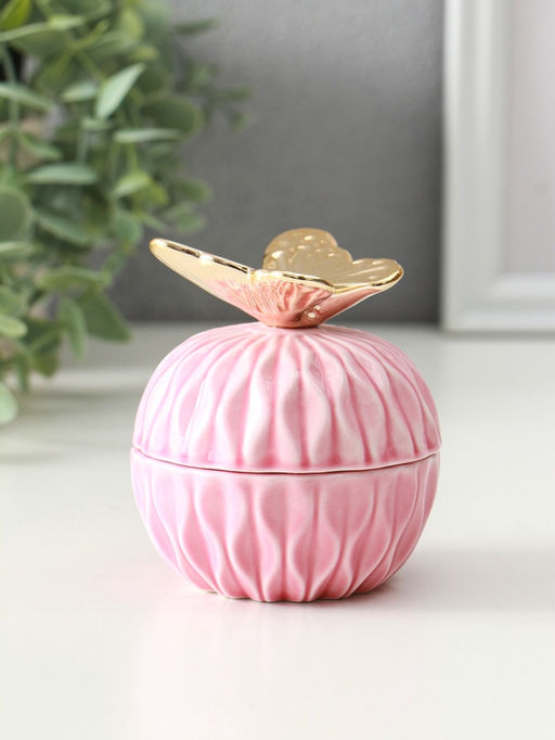 Шкатулка для украшений с крышкой «Золотой филин», керамика, розовая, 8×8×12 см