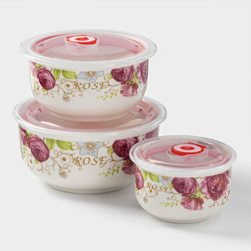 Набор салатников керамических с вакуумными крышками «Розалинда», 3 предмета: 250 мл, 550 мл, 850 мл, d=15,5/12,5/10 см