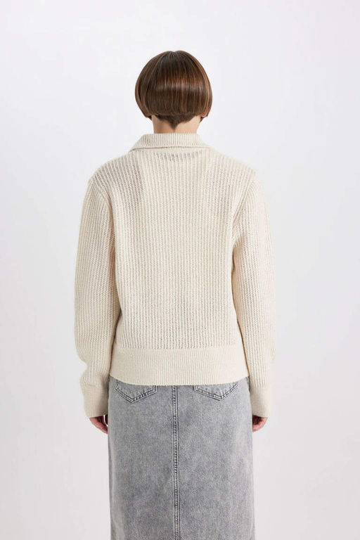 Кружевной свитер с воротником поло и расслабленным кроем - Defacto фото 5