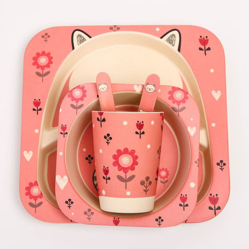 Набор детской бамбуковой посуды Кошечка, тарелка, миска, стакан, приборы, 5 предметов - Крошка я фото 9