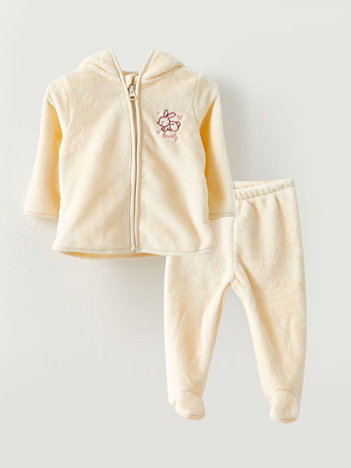 Kap??onlu Uzun Kollu Pel?? K?z Bebek Fermuarl? Sweatshirt ve Pantolon 2li Tak?m