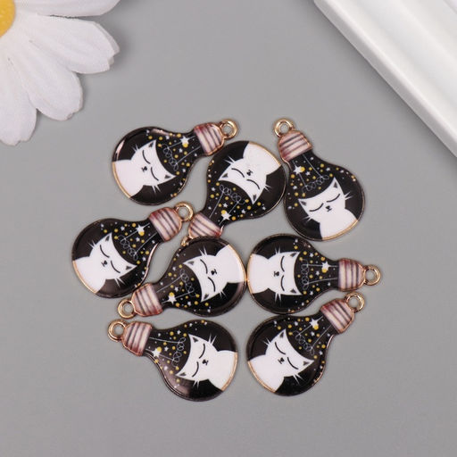 Цена за 8 шт. Декор для творчества металл, эмаль «Белый кот в лампочке», 2.8×1.6 см