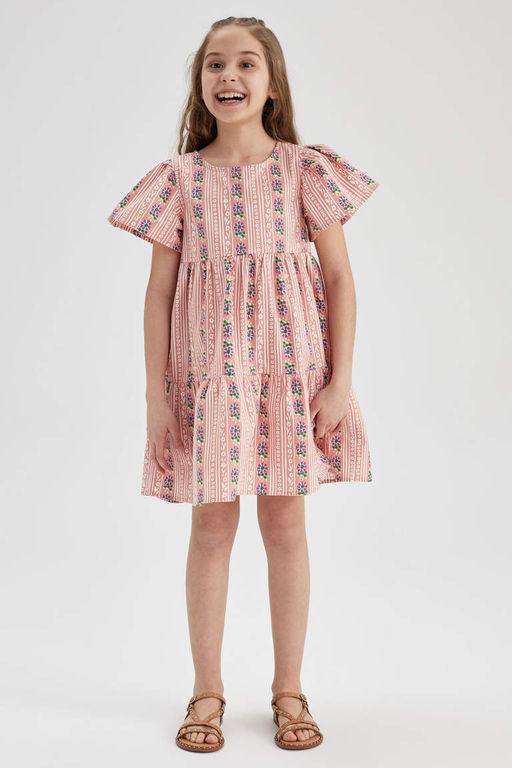 Платье с короткими рукавами и узором для девочки - Defacto фото 2