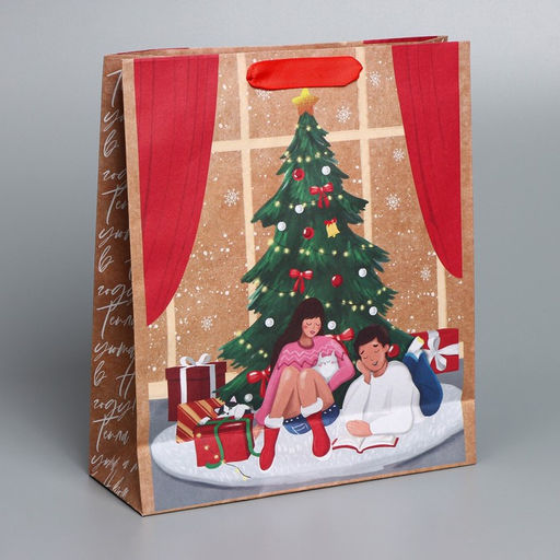 Пакет подарочный новогодний крафтовый «Уют в доме», M 26 х 30 х 9 см