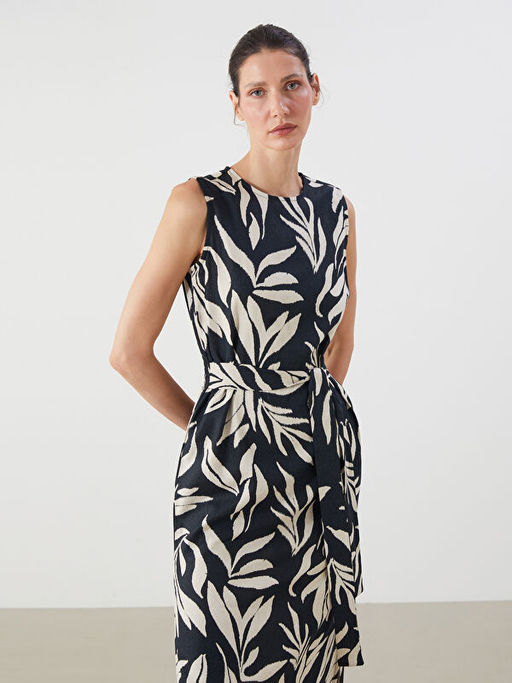 Bisiklet Yaka ?i?ekli Keten Kar???ml? Elbise