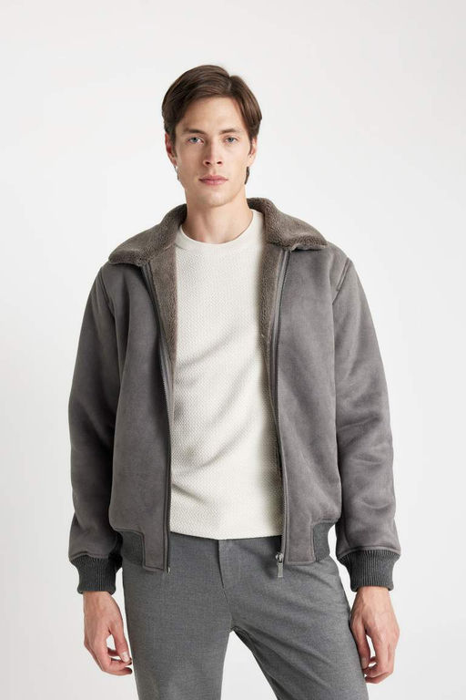 Замшевое пальто приталенного кроя с воротником-поло на подкладке - Defacto фото 3