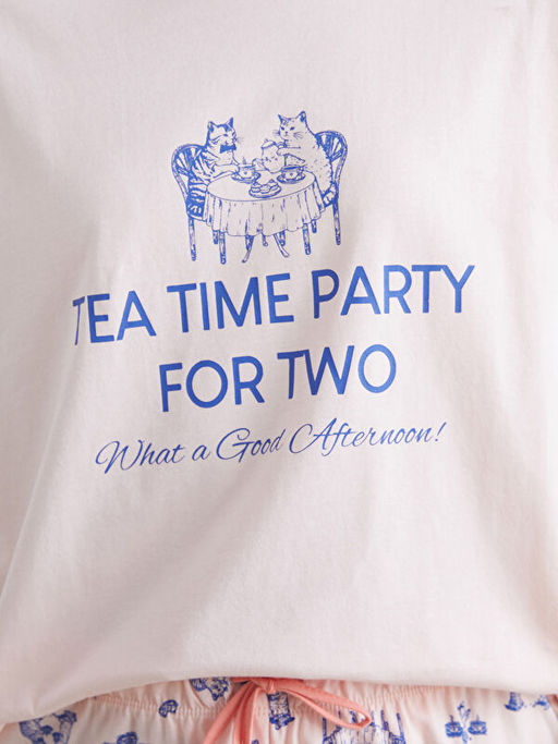 Bisiklet Yaka Bask?l? Kad?n ?ortlu Pijama Tak?m?