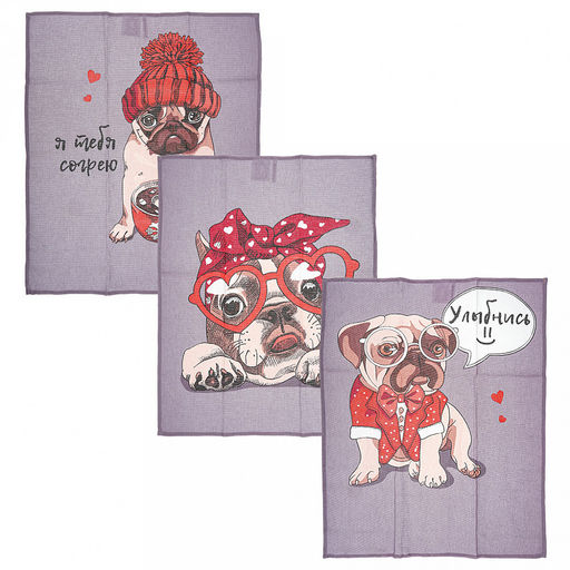 Полотенце кухонное 50х60см "Влюблены", набор 3шт, рогожка 156г/м2, хлопок 100%, на картоне, "Домашняя мода" (Россия)