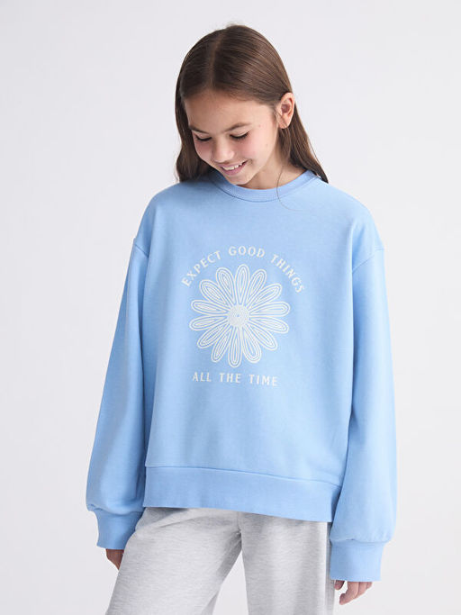 Bisiklet Yaka Bask?l? K?z ?ocuk Sweatshirt