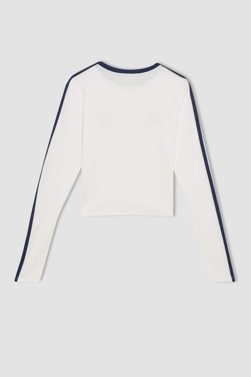 Женская белая классная футболка в рубчик с длинным рукавом с принтом - Defacto фото 9