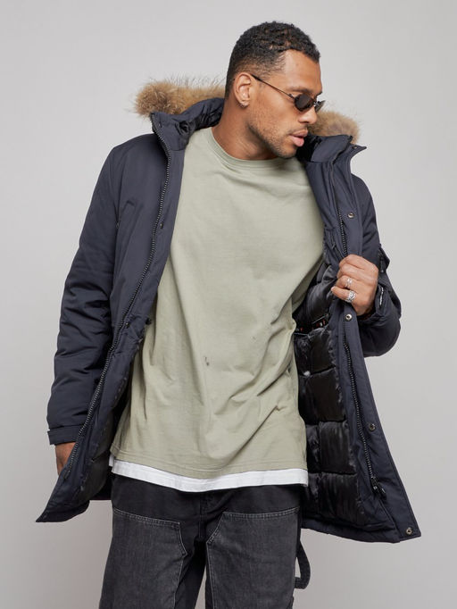 Парка мужская зимняя удлиненная с мехом темно-синего цвета 8318TS - Wonderrman фото 9