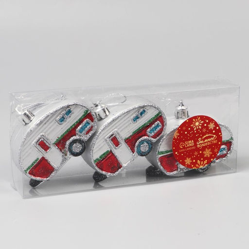 Ёлочные игрушки 3 шт., Зимнее волшебство, Фургончики пластик, 47 см, красный  фото 2