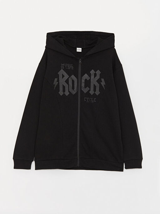 Kap??onlu Bask?l? Uzun Kollu Erkek ?ocuk Fermuarl? Sweatshirt
