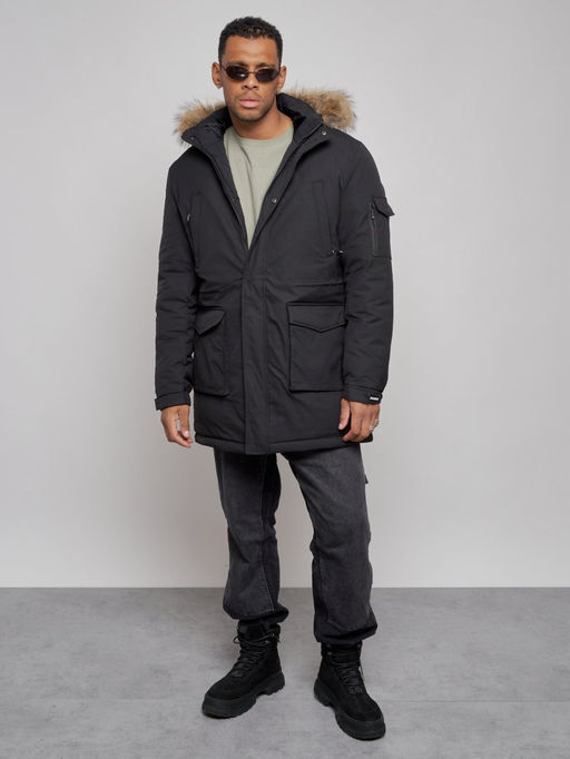 Парка мужская зимняя удлиненная с мехом черного цвета 8318Ch - Wonderrman фото 12