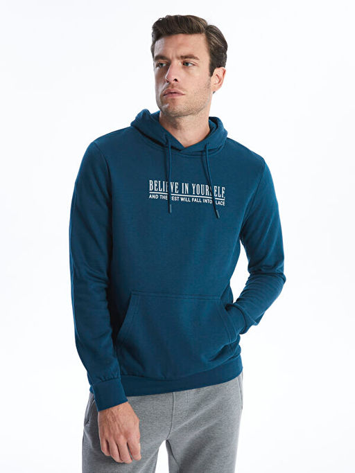 Uzun Kollu Bask?l? Erkek Kal?n Hoodie