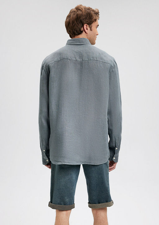 Gri Keten Gomlek - Mavi фото 4