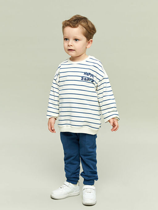 Bisiklet Yaka ?izgili Erkek Sweatshirt ve E?ofman Alt 2li