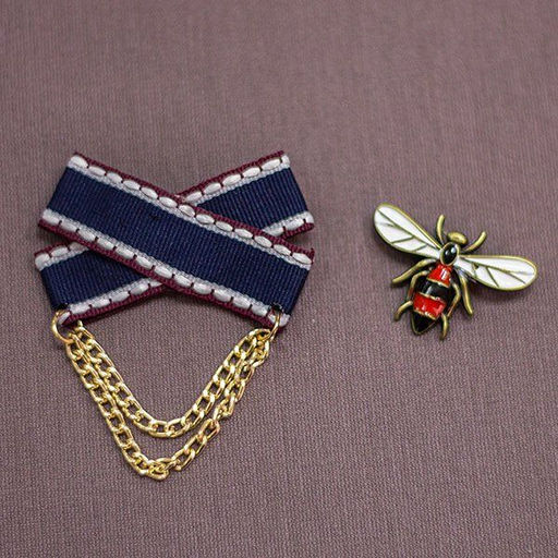 Брошь "Бант с белой пчелкой+цепочка"