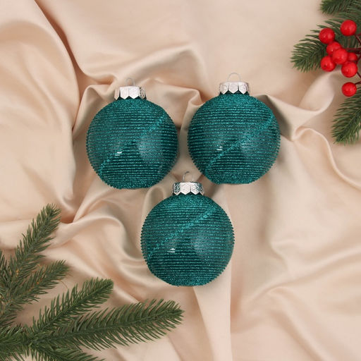 Ёлочные игрушки Аустен, шары новогодние, d=8 см, набор 3 шт., полоски, бирюзовый