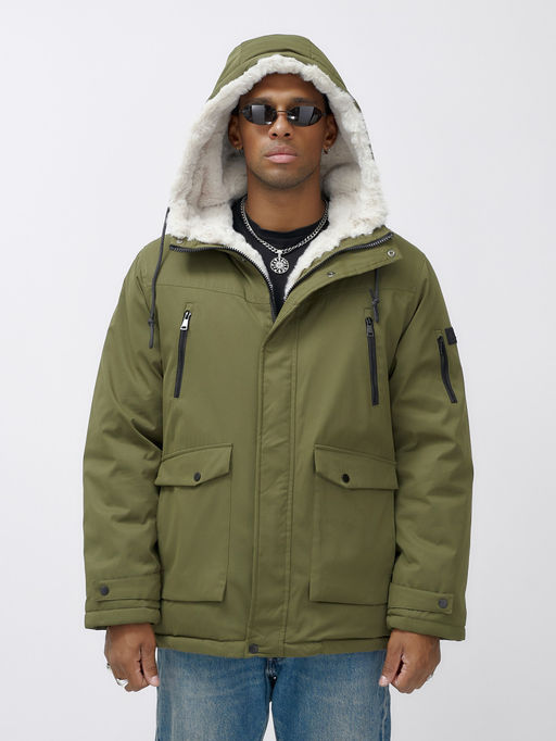 Парка мужская зимняя удлиненная с мехом цвета хаки 8761Kh