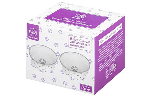 Набор 2 мисок для домашних питомцев 400 мл 13,5*13,5*5 см Лапка на белом и сердечки керамика - Elan gallery фото 7
