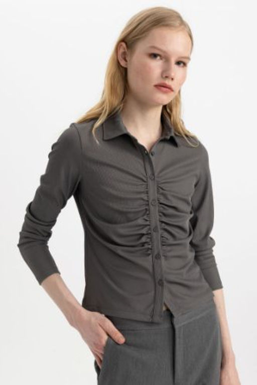 Slim Fit Dar Kesim Polo Yaka Basic Duz Fitilli Kaskorse Uzun Kollu Tisort