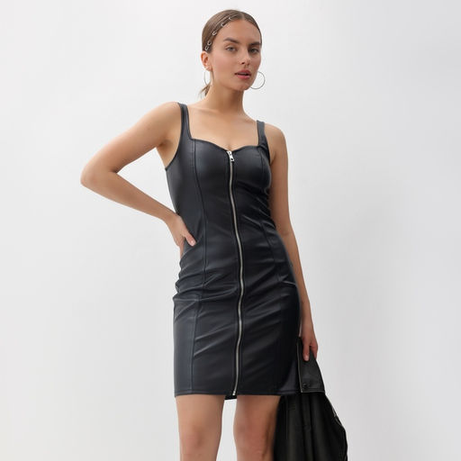Платье женское короткое кожаное MIST, чёрное, размер 48 (XL), на молнии