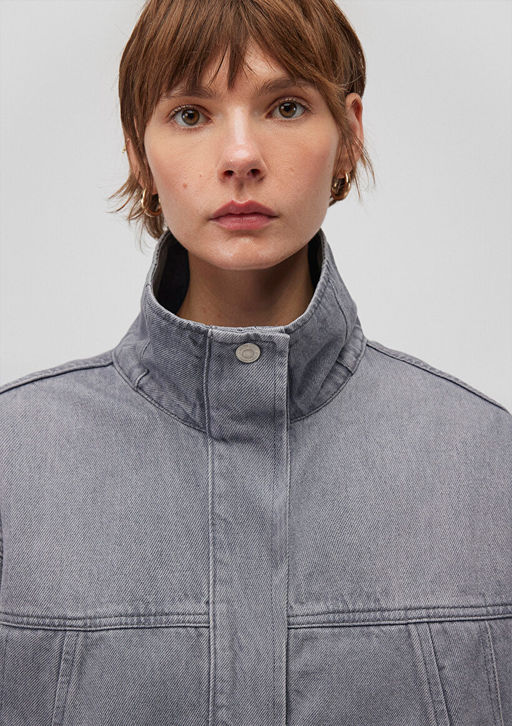 Dik Yaka Gri Denim Ceket - Mavi фото 5