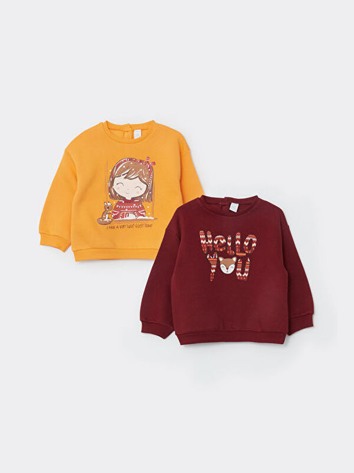 Bisiklet Yaka Uzun Kollu Bask?l? K?z Bebek Sweatshirt 2li