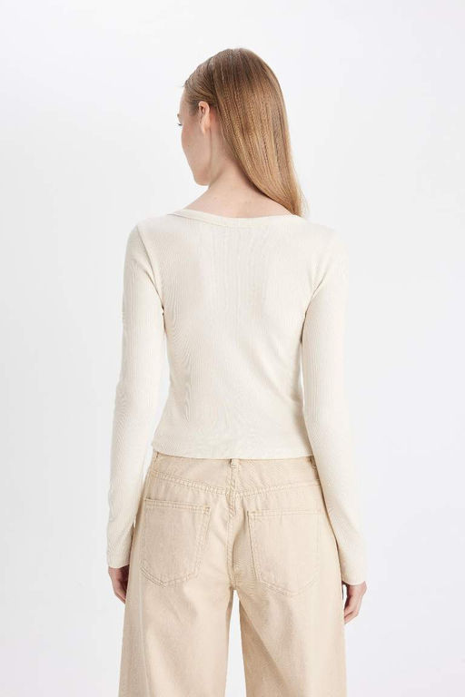 Женская классная однотонная футболка с длинными рукавами и U-образным вырезом в рубчик - Defacto фото 6