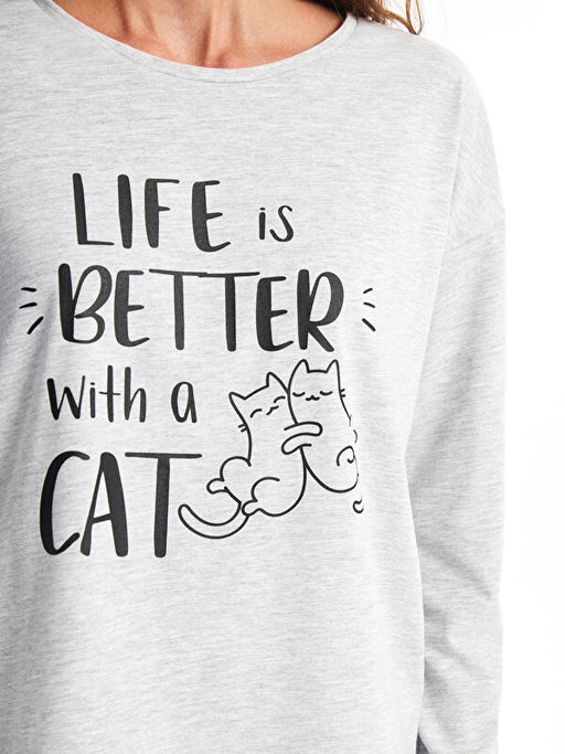 Bisiklet Yaka Bask?l? Uzun Kollu Kad?n Pijama Tak?m?