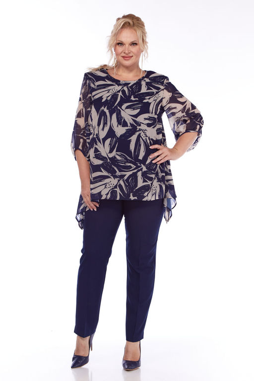 Костюм Элль стиль 2263/7 темно-синий/принт листья  фото 3