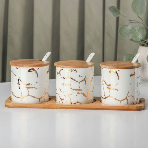 Банки с ложками на деревянной подставке Эстет. Gold, набор 3 шт.: 300 мл, керамика, белые
