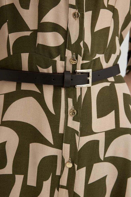 Марокканское платье миди с коротким рукавом и воротником-рубашкой с узором - Defacto фото 5