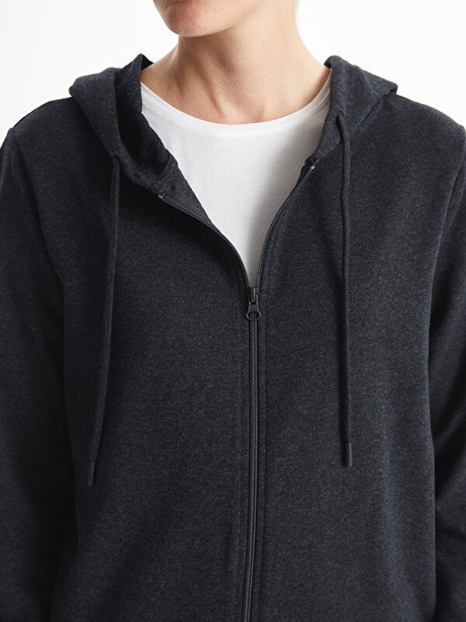Kap??onlu D?z Uzun Kollu Kad?n Fermuarl? Sweatshirt