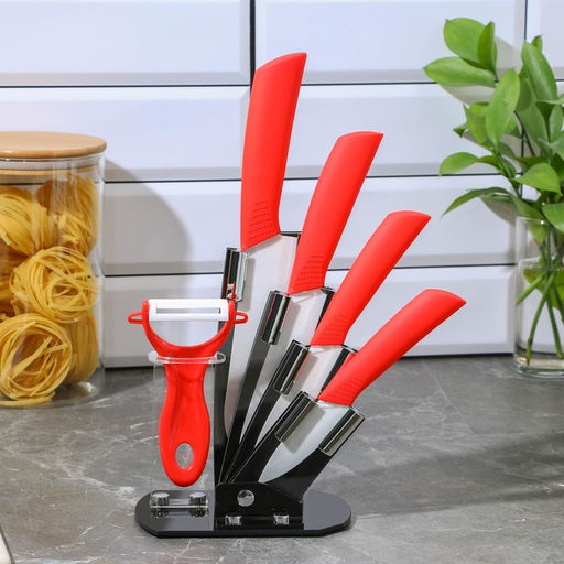 Набор кухонный на подставке Доляна, 5 предметов: ножи 7,5 см, 10,5 см, 13 см, 15 см, овощечистка, цвет красный  фото 9