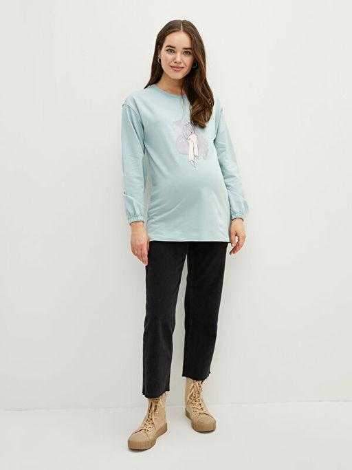 Bisiklet Yaka Bask?l? Uzun Kollu Hamile Sweatshirt