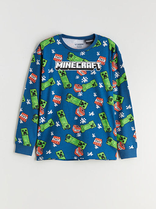 Bisiklet Yaka Minecraft Bask?l? Erkek ?ocuk Pijama Tak?m?